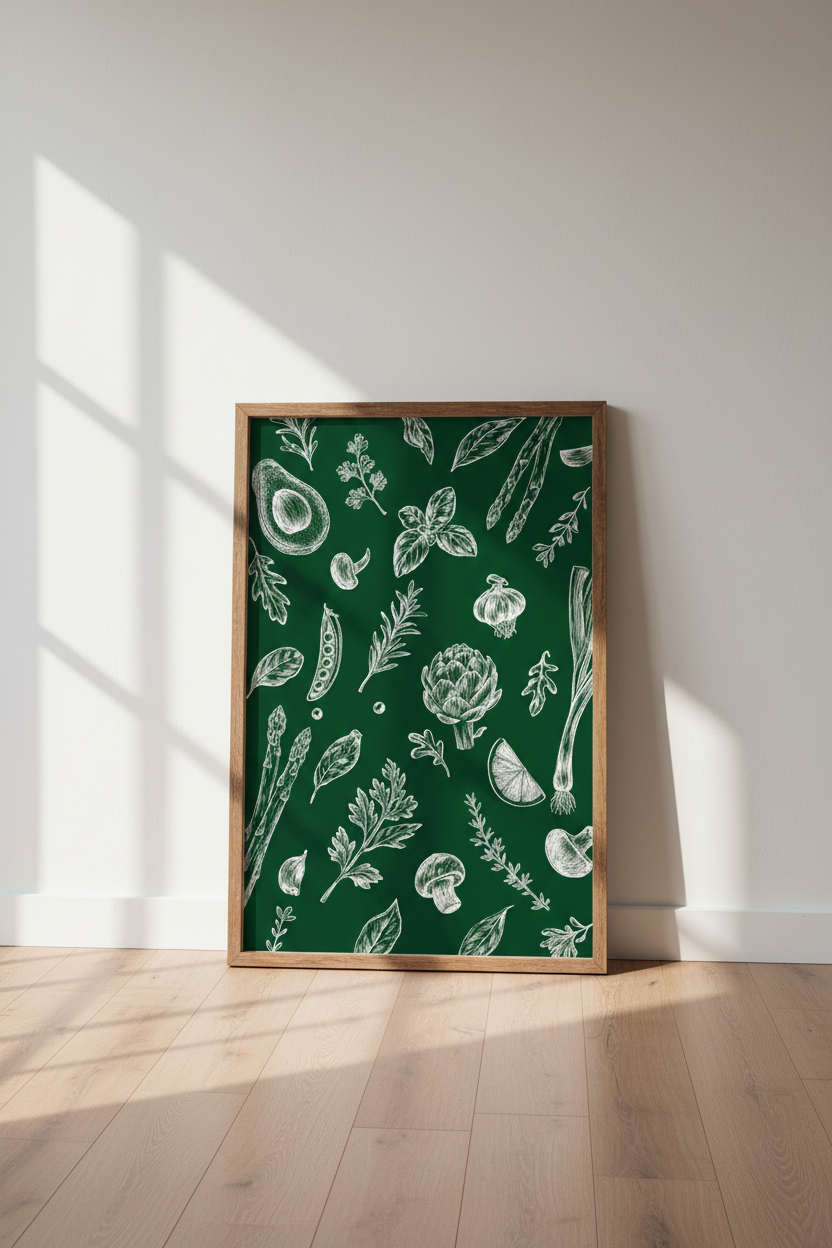 Botanical Herb &amp; Veggie Wall Art | Green Kitchen Decor | Vintage Style Poster