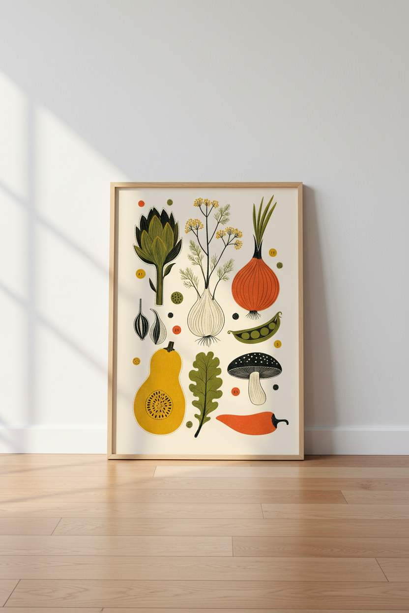 Botanical Vegetable Wall Art | Vintage Kitchen Decor | Mid Century Garden Poster