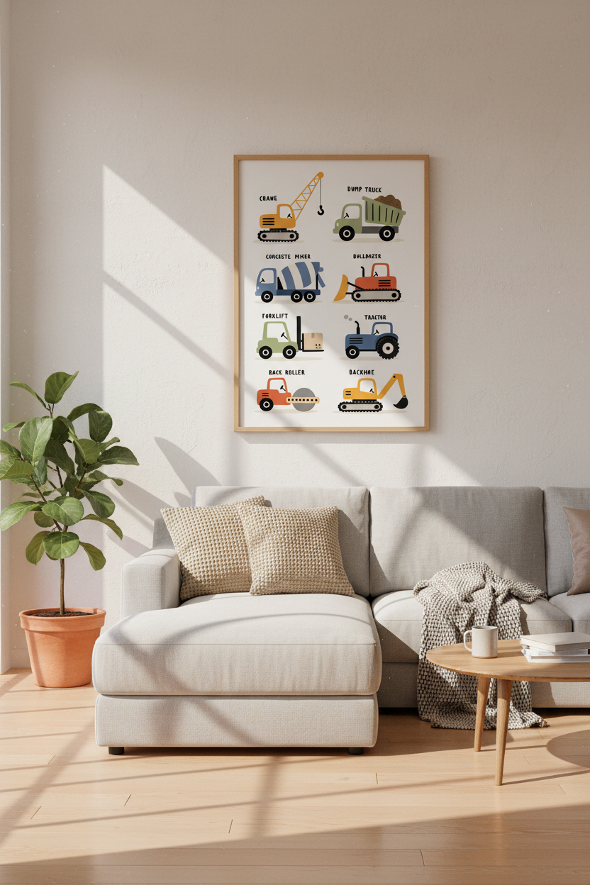 Construction Truck Wall Art Print | Toddler Boy Nursery Decor | Muted Blue &amp; Orange Poster