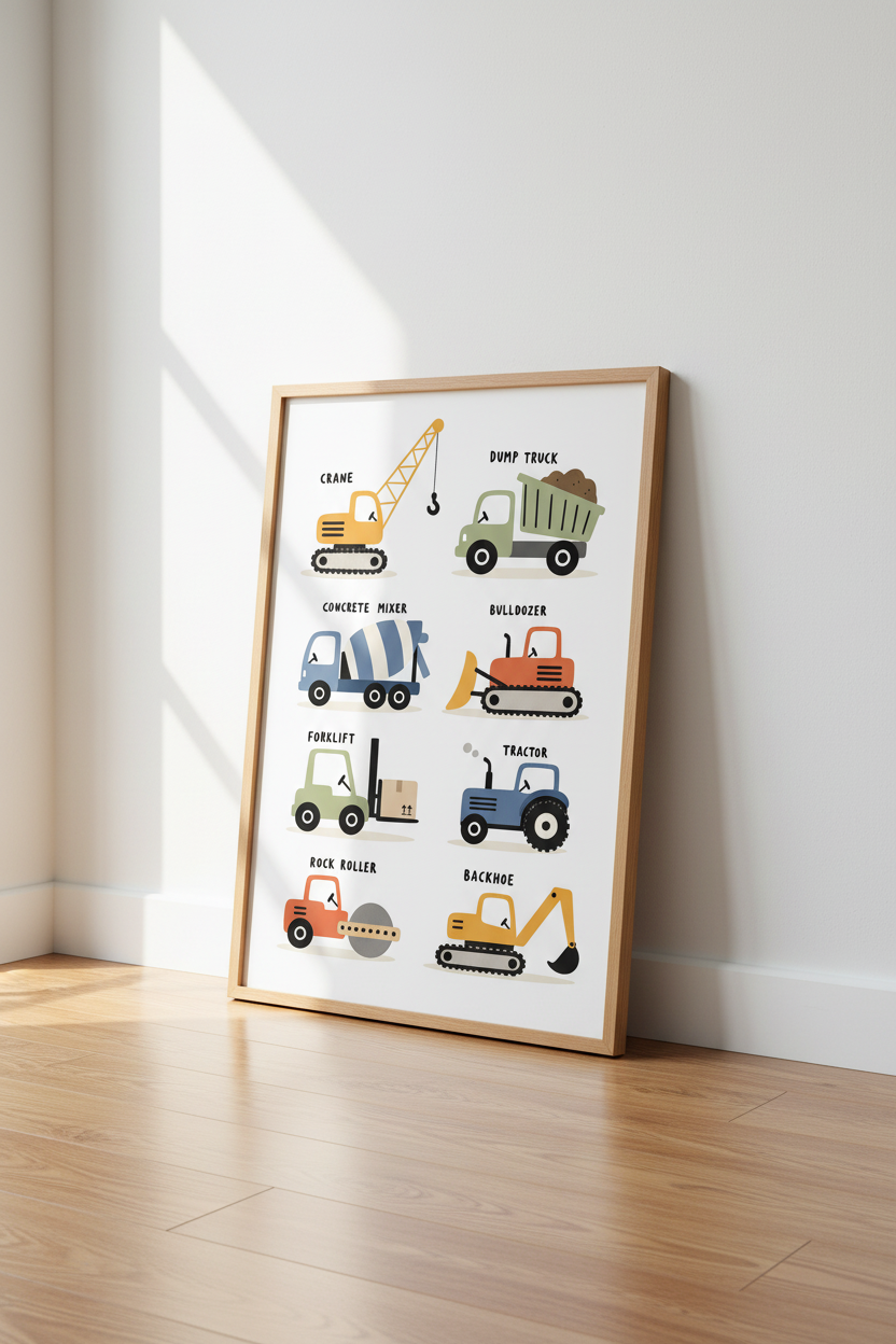 Construction Truck Wall Art Print | Toddler Boy Nursery Decor | Muted Blue &amp; Orange Poster