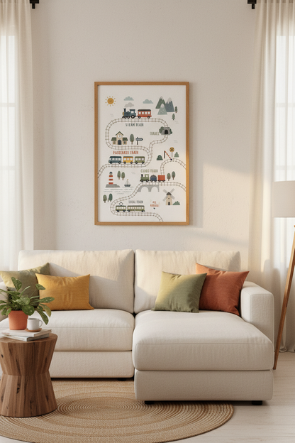 Train Map Nursery Wall Art | Muted Boho Toddler Decor, Kids Playroom Poster