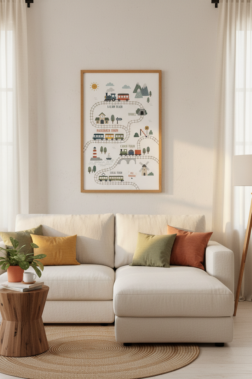 Train Map Nursery Wall Art | Muted Boho Toddler Decor, Kids Playroom Poster