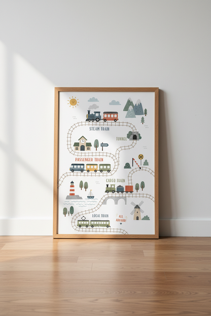 Train Map Nursery Wall Art | Muted Boho Toddler Decor, Kids Playroom Poster
