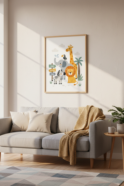 Safari Animals Nursery Wall Art | Neutral Jungle Poster, Kids Room Decor