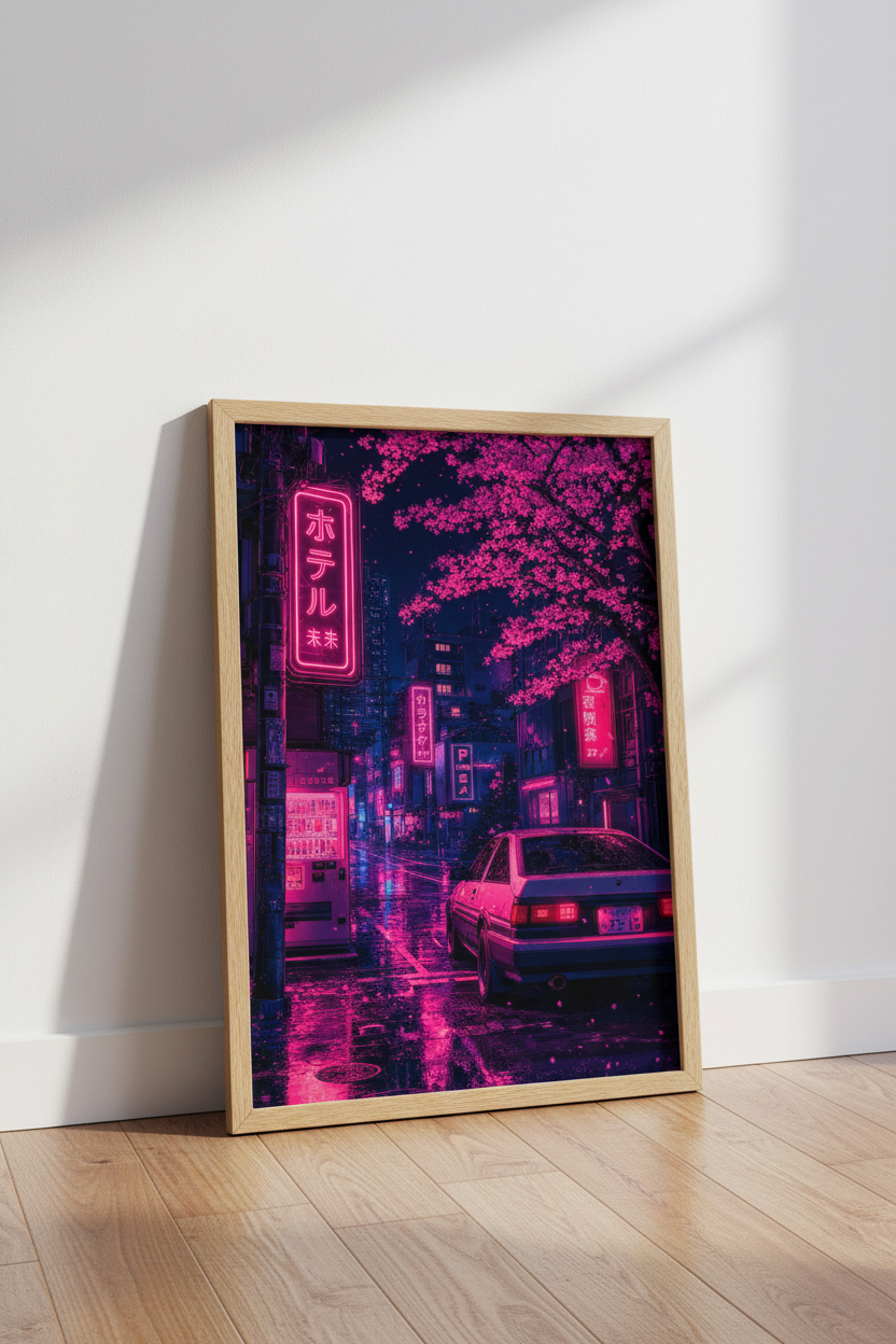 Cyberpunk Tokyo Night Wall Art | Neon Pink AE86 Poster | Japanese Synthwave Decor