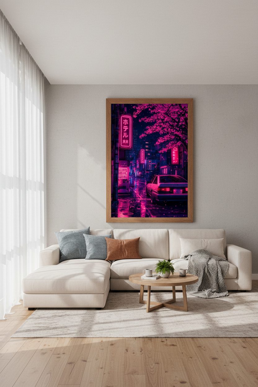 Cyberpunk Tokyo Night Wall Art | Neon Pink AE86 Poster | Japanese Synthwave Decor