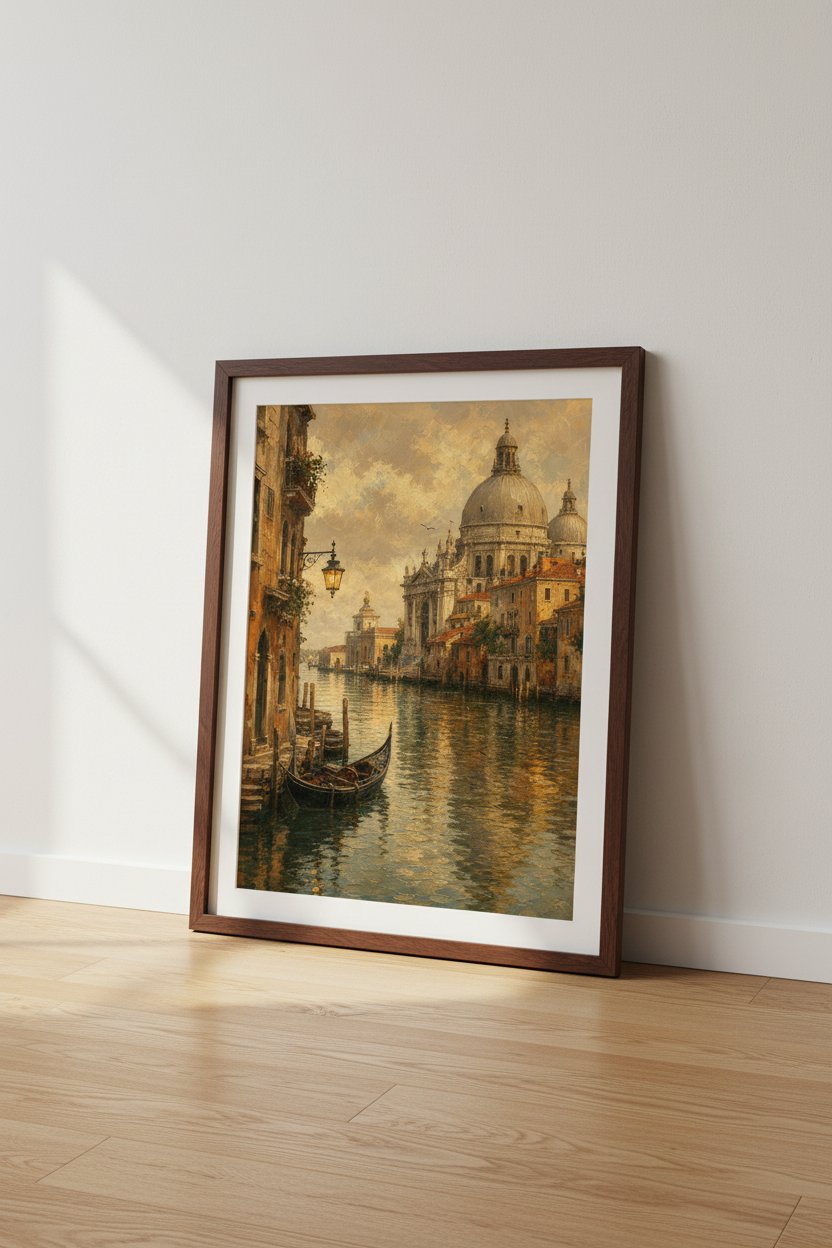 Venetian canal art | Impressionist tones, warm sunset decor | Romantic mood Poster