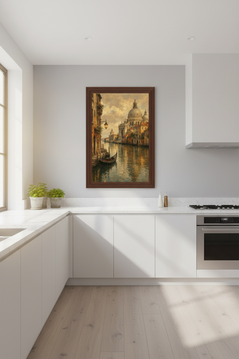 Venetian canal art | Impressionist tones, warm sunset decor | Romantic mood Poster