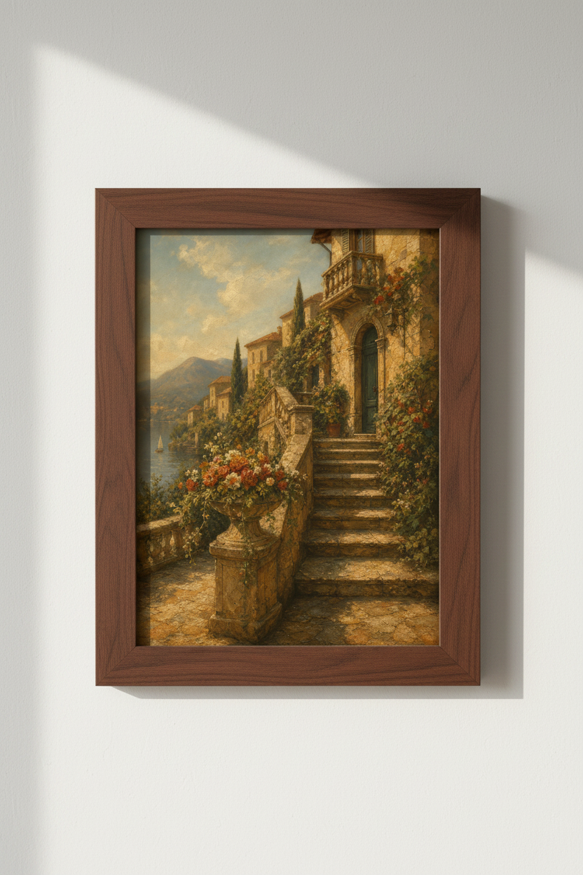 Mediterranean Villa Art | Vintage Oil Texture, Cozy Living Room