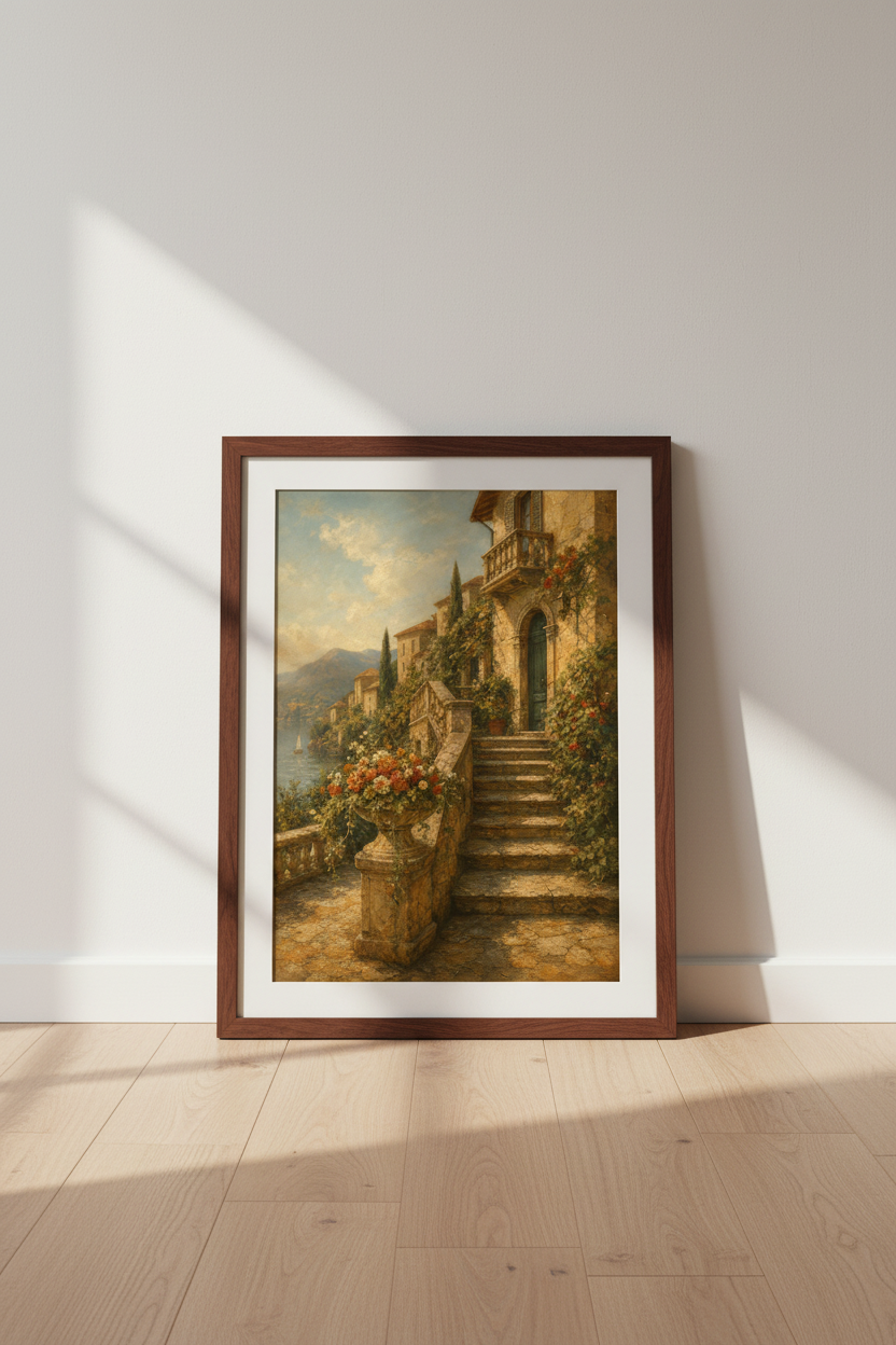 Mediterranean Villa Art | Vintage Oil Texture, Cozy Living Room