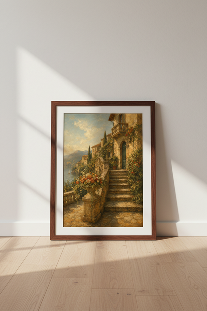 Mediterranean Villa Art | Vintage Oil Texture, Cozy Living Room