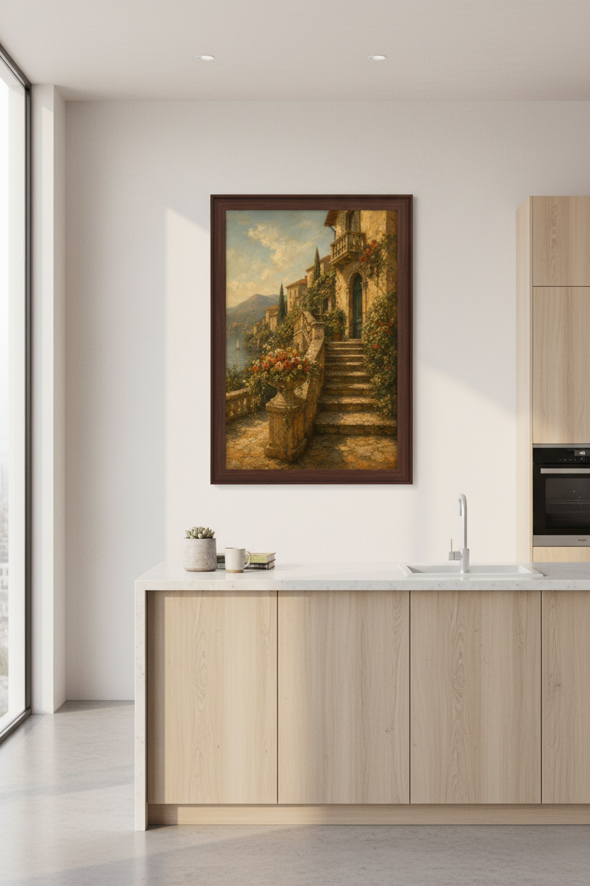 Mediterranean Villa Art | Vintage Oil Texture, Cozy Living Room