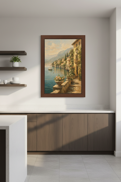 Coastal wall art | Impressionist tones, sunlit harbor | Living room decor