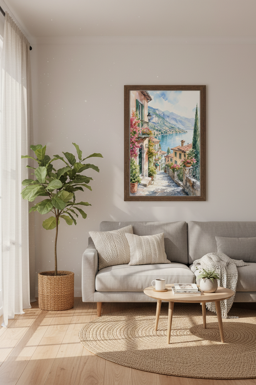 Lake Como Italy Watercolor Wall Art | Mediterranean Street Decor | Coastal Travel Poster