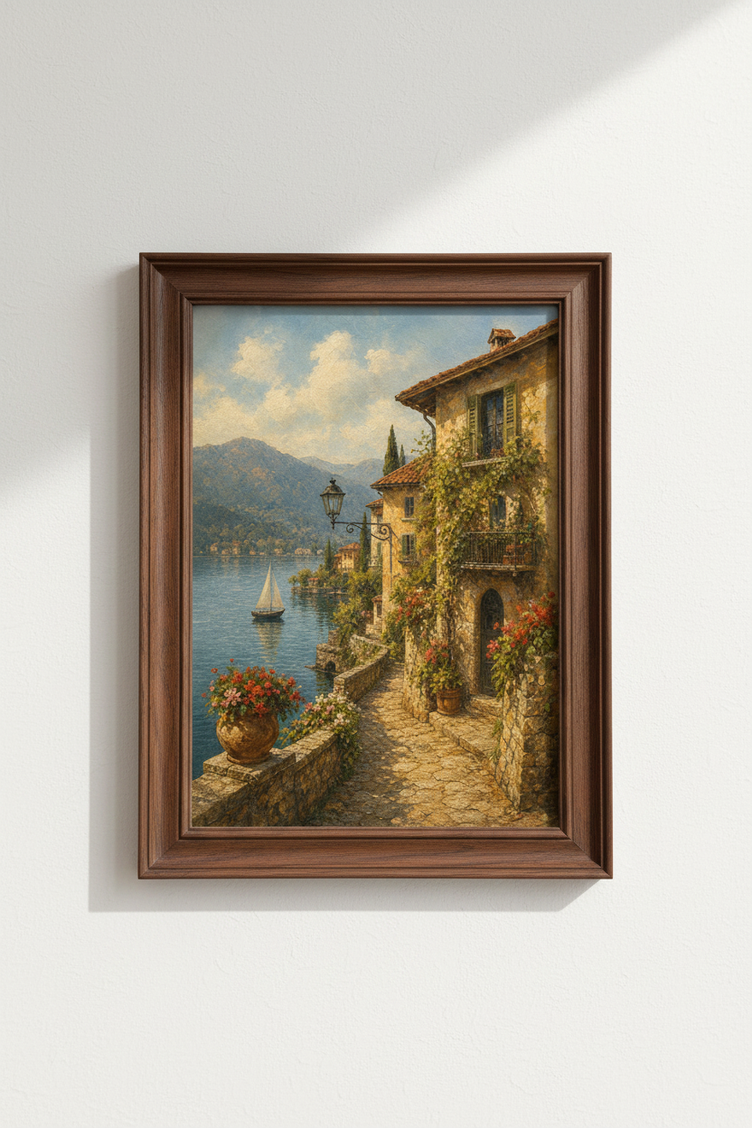 Coastal wall art | Sunlit stone homes, terracotta roofs, living room decor