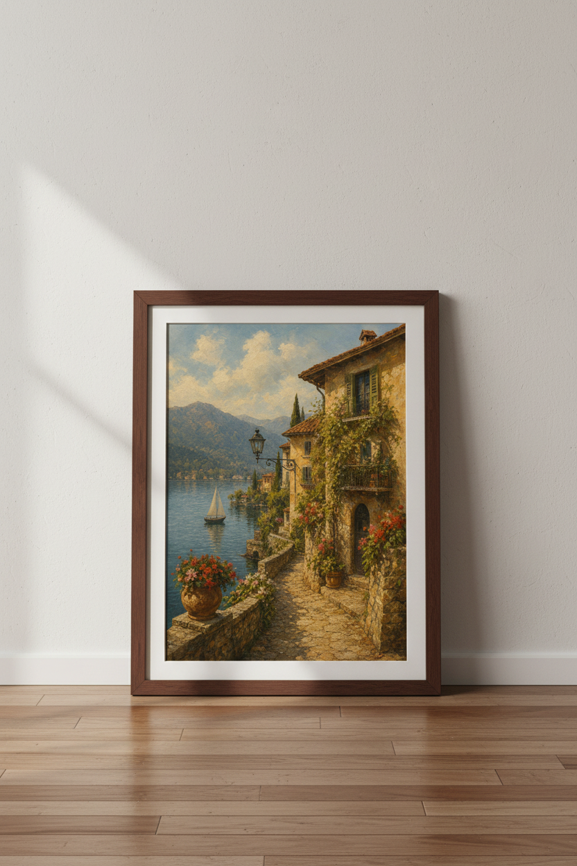 Coastal wall art | Sunlit stone homes, terracotta roofs, living room decor
