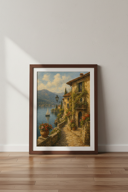 Coastal wall art | Sunlit stone homes, terracotta roofs, living room decor