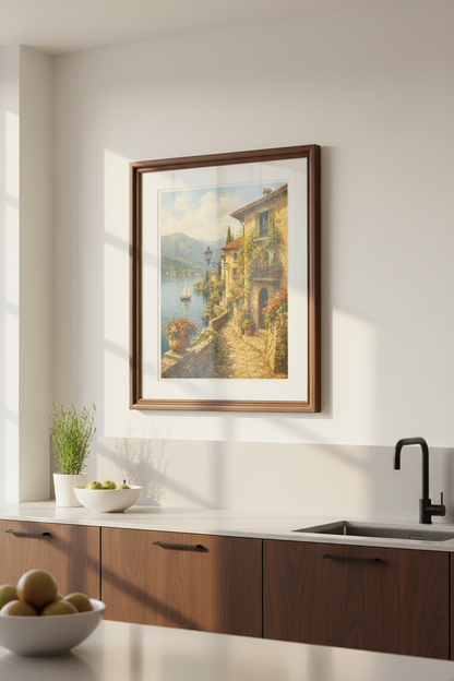 Coastal wall art | Sunlit stone homes, terracotta roofs, living room decor