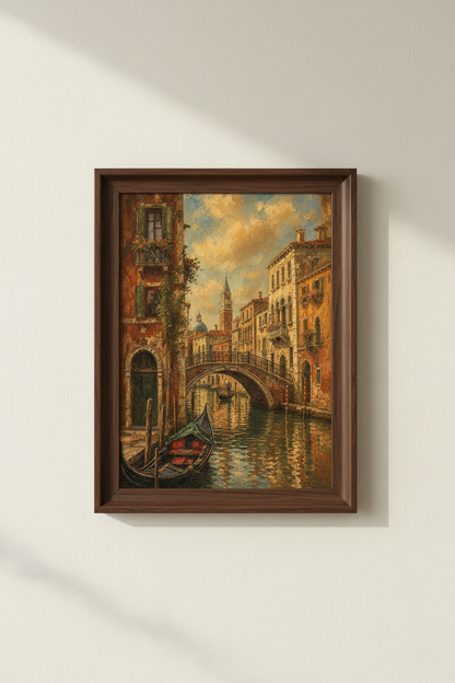 Venetian cityscape | Warm sunset tones, antique glow | Living room decor