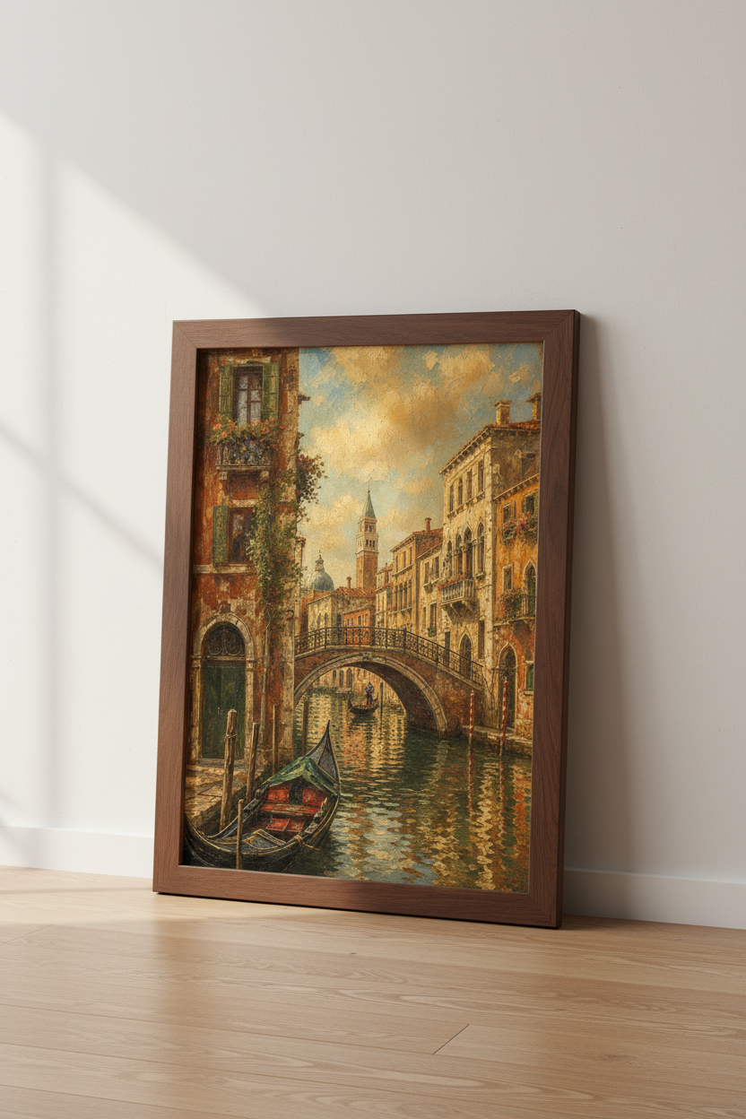 Venetian cityscape | Warm sunset tones, antique glow | Living room decor
