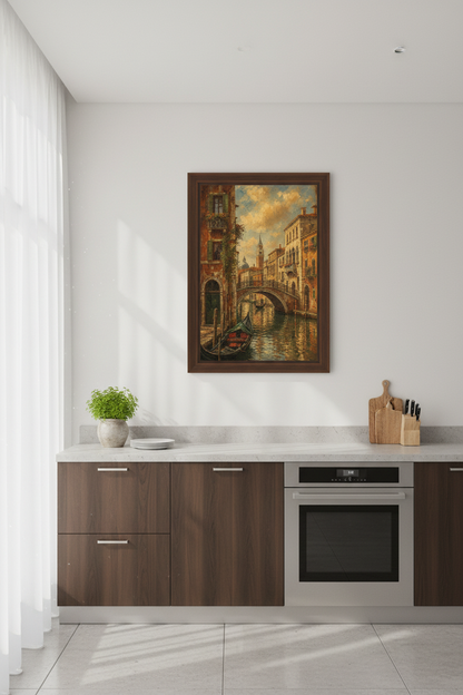 Venetian cityscape | Warm sunset tones, antique glow | Living room decor