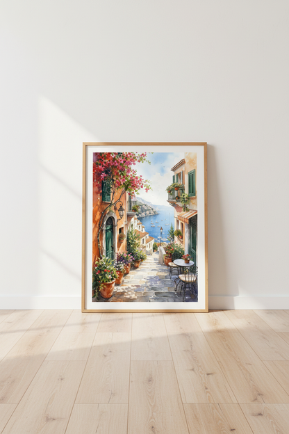 Amalfi Coast Watercolor | Italy Village Travel Print, Mediterranean Decor