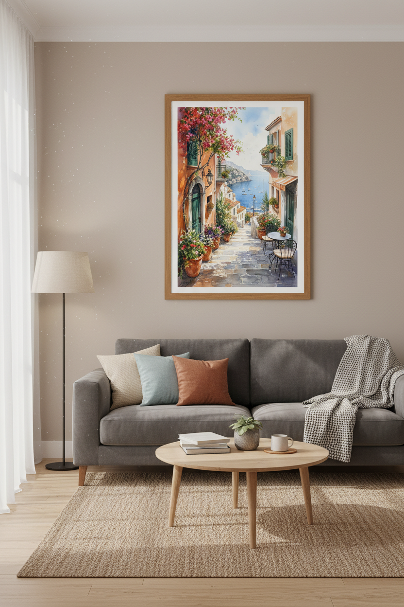 Amalfi Coast Watercolor | Italy Village Travel Print, Mediterranean Decor