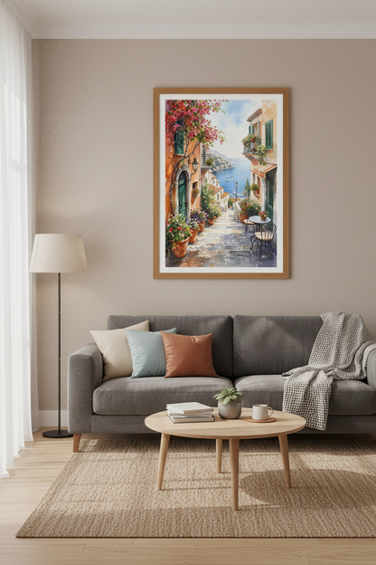 Amalfi Coast Watercolor | Italy Village Travel Print, Mediterranean Decor