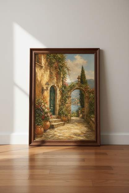 Italian Lake Poster | Mediterranean Coast Wall Art Print, Rustic European Landscape Decor
