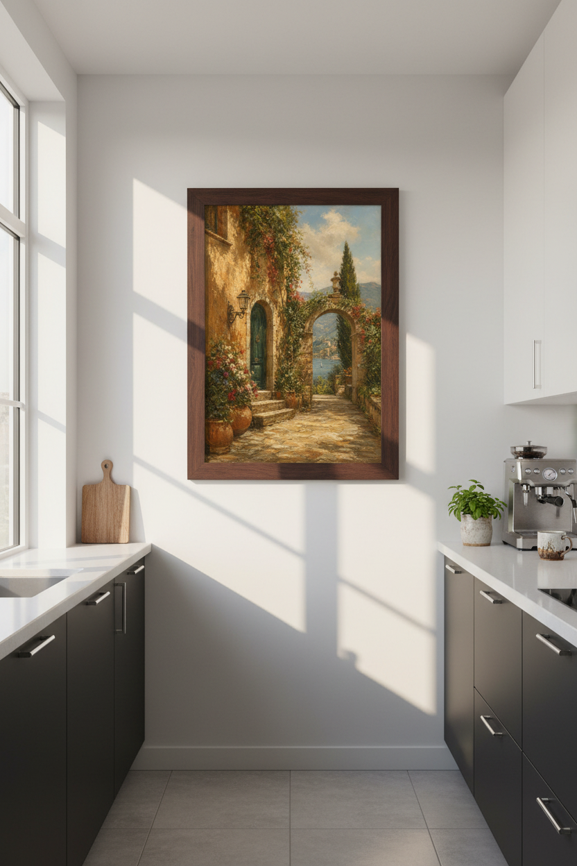 Italian Lake Poster | Mediterranean Coast Wall Art Print, Rustic European Landscape Decor