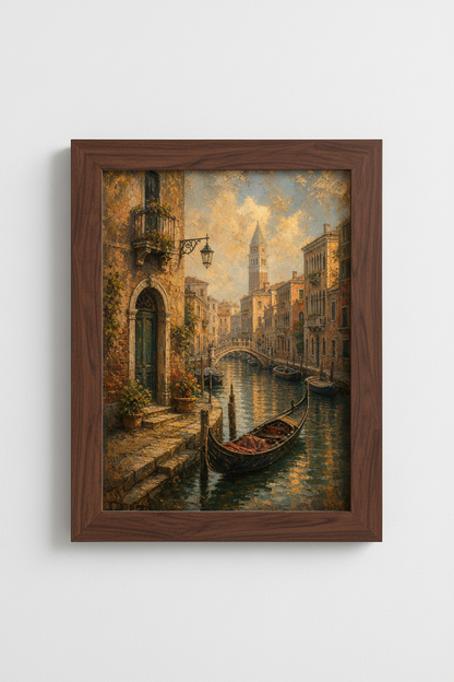 Venice Canal Oil Painting | Italian Landscape Decor, Gold Ochre Gondola Wall Art Print