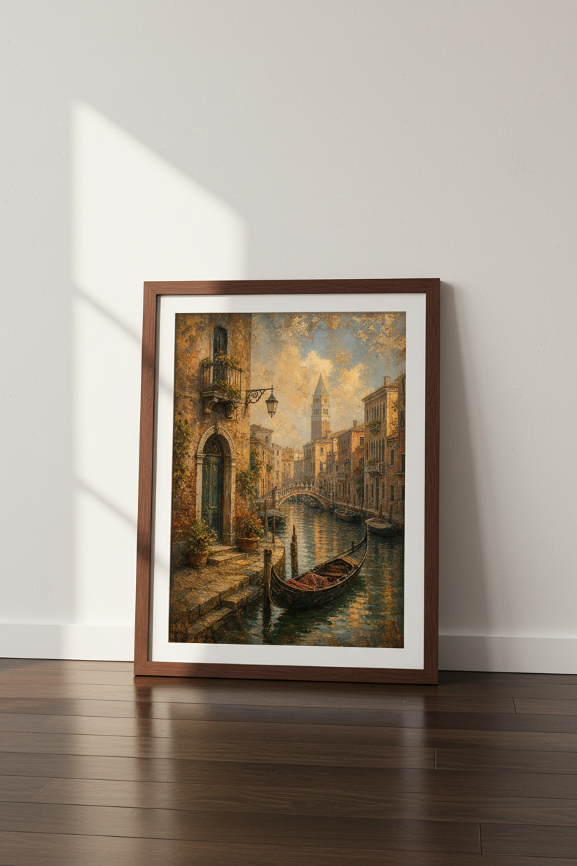 Venice Canal Oil Painting | Italian Landscape Decor, Gold Ochre Gondola Wall Art Print