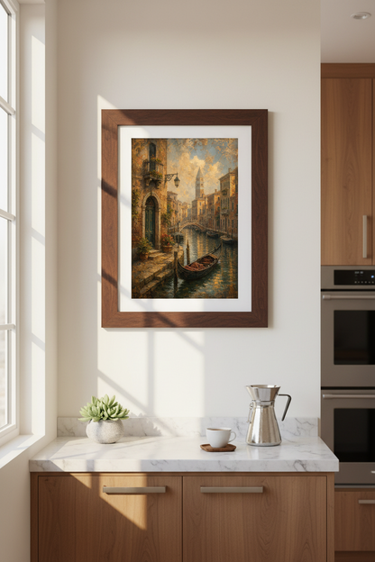 Venice Canal Oil Painting | Italian Landscape Decor, Gold Ochre Gondola Wall Art Print