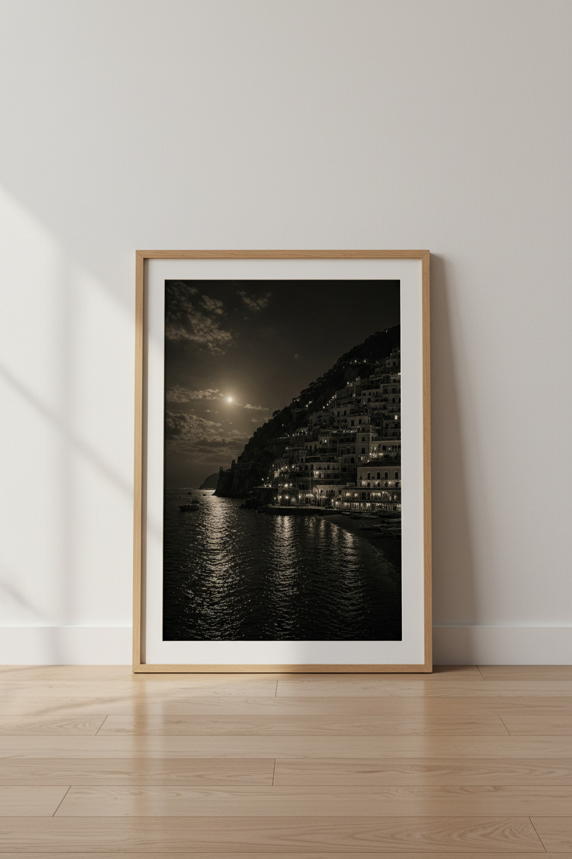 Amalfi Coast Night Art | Moody Positano Italy Print, Dark Academia Coastal Decor
