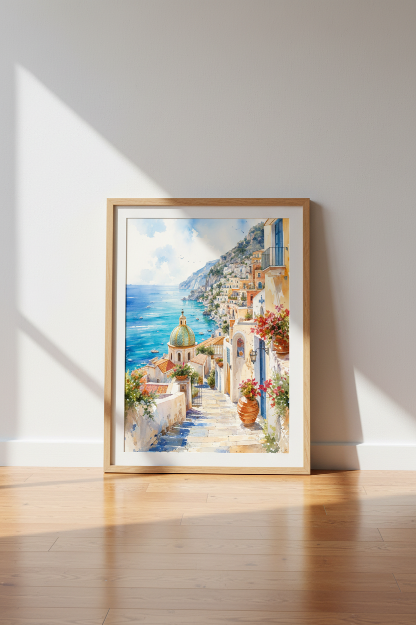 Amalfi Coast Italy Watercolor Print | Positano Wall Art, Coastal Travel Poster