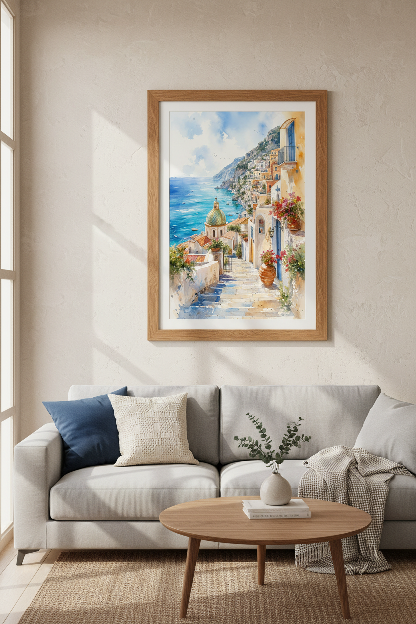 Amalfi Coast Italy Watercolor Print | Positano Wall Art, Coastal Travel Poster