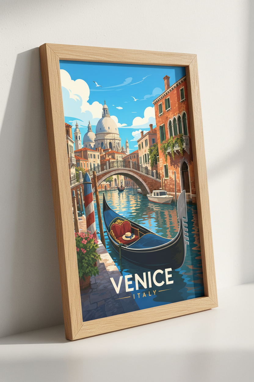Venice Italy Travel Poster | Vintage Gondola Canal Wall Art | Mediterranean Home Decor