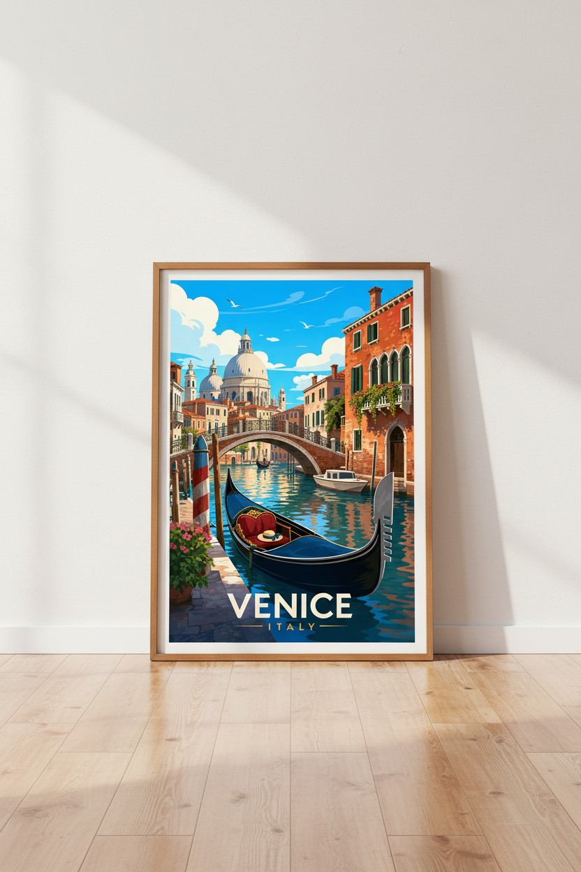 Venice Italy Travel Poster | Vintage Gondola Canal Wall Art | Mediterranean Home Decor
