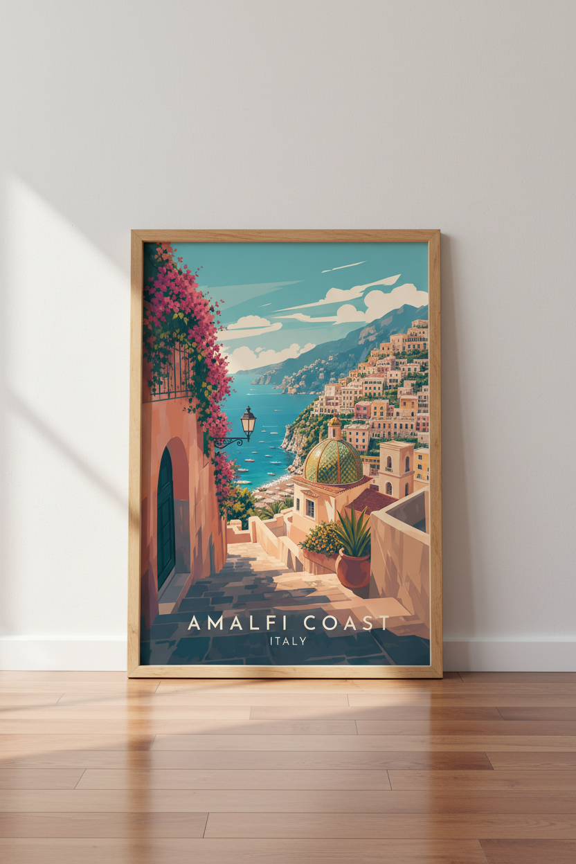 Amalfi Coast Italy Travel Poster | Positano Wall Art | Mediterranean Decor
