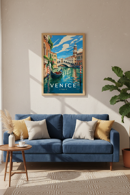 Venice Italy Travel Poster | Vintage Canal Illustration, Living Room Wall Art Print