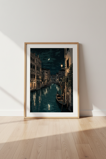 Venice Canal Cityscape Wall Art | Midnight Italy Poster, Dark Academia Decor