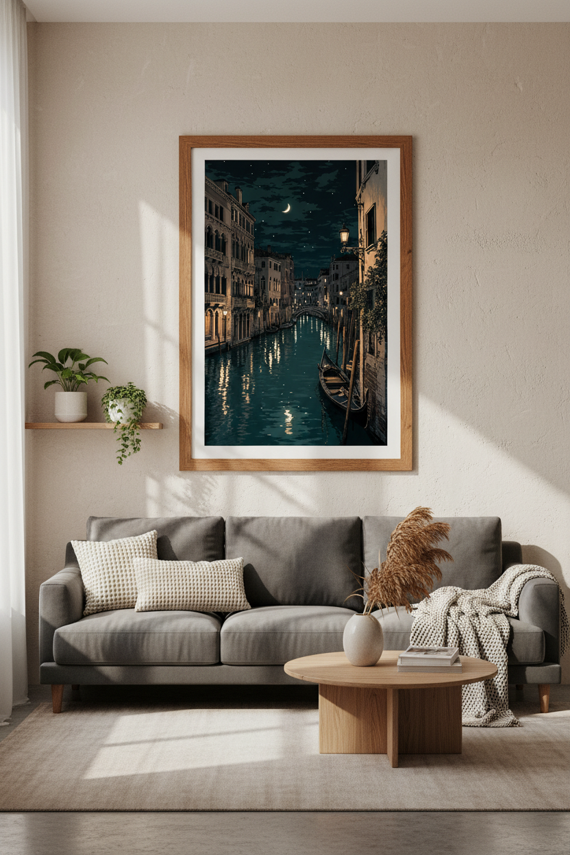 Venice Canal Cityscape Wall Art | Midnight Italy Poster, Dark Academia Decor