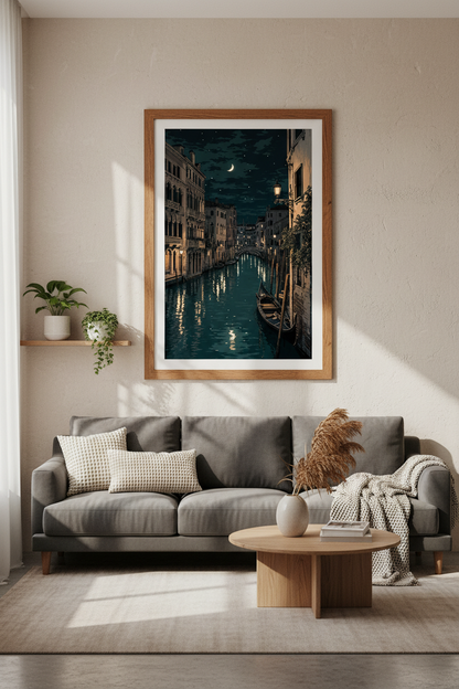 Venice Canal Cityscape Wall Art | Midnight Italy Poster, Dark Academia Decor