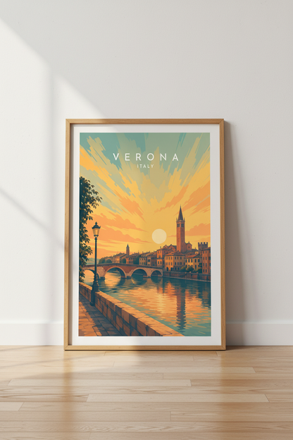 Verona Italy Travel Poster | Sunset Retro Skyline, Living Room Decor