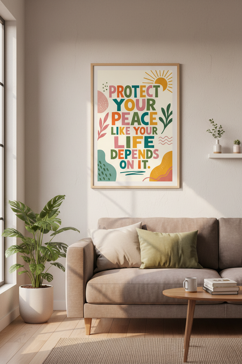 Protect Your Peace Wall Art | Colorful Boho Quote Poster | Office Decor