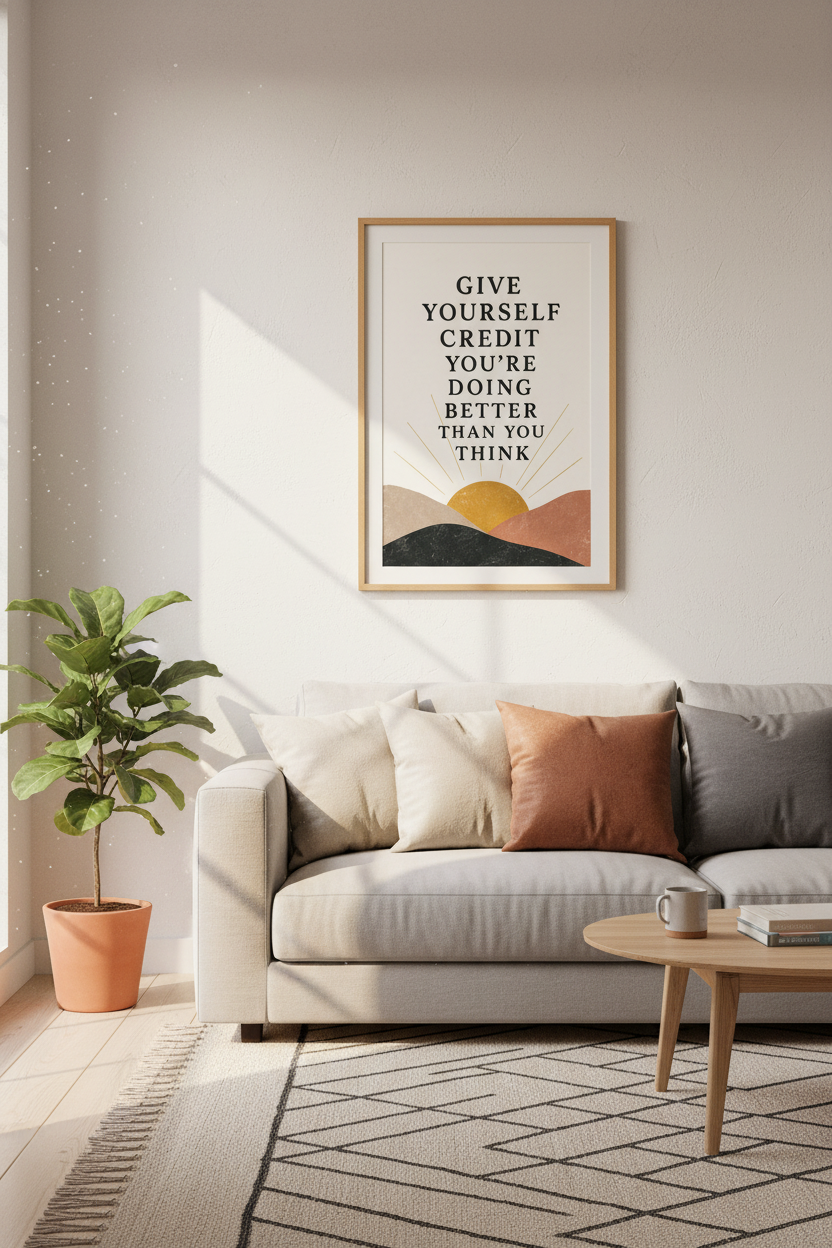 Give Yourself Credit Quote Wall Art | Boho Sun Landscape, Office Decor Poster