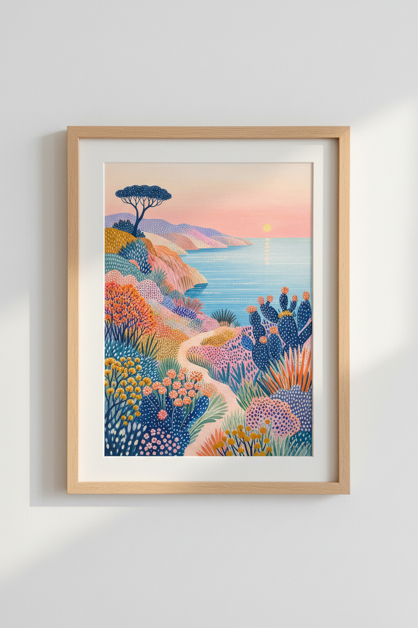 Vibrant Folk Art Wall Print | Coastal Landscape Sunset, Colorful Botanical Decor