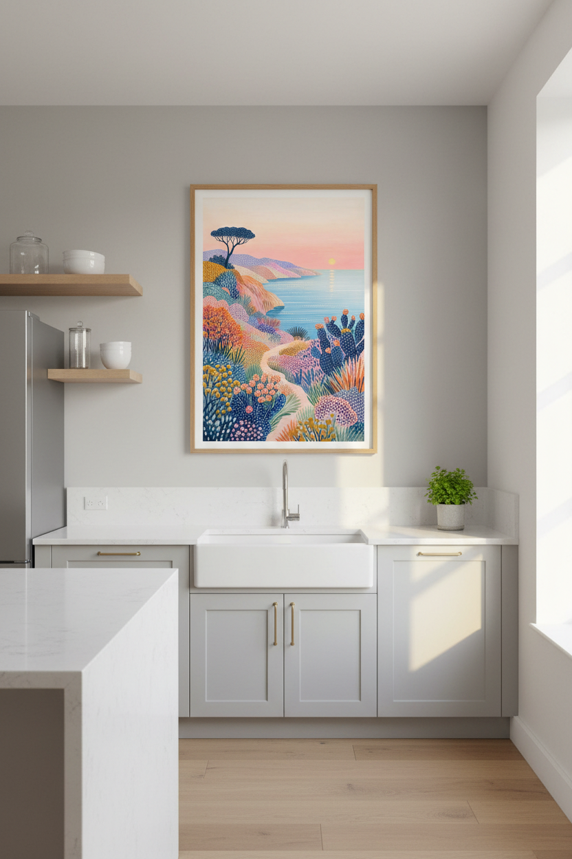 Vibrant Folk Art Wall Print | Coastal Landscape Sunset, Colorful Botanical Decor