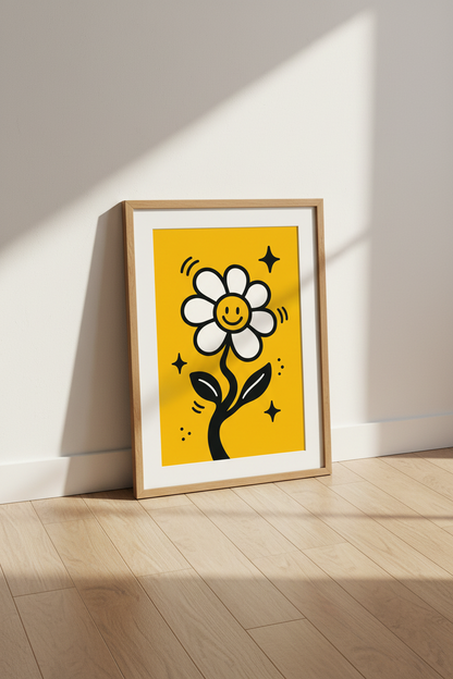 Smiley Face Daisy Wall Art | Retro Yellow Floral Poster, Dopamine Decor Print