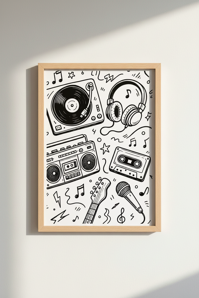 Retro Music Doodle Wall Art | Music Room Decor | Black and White Poster
